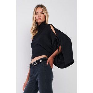 Black One-Shoulder Turtle Neck Bat Sleeve Top